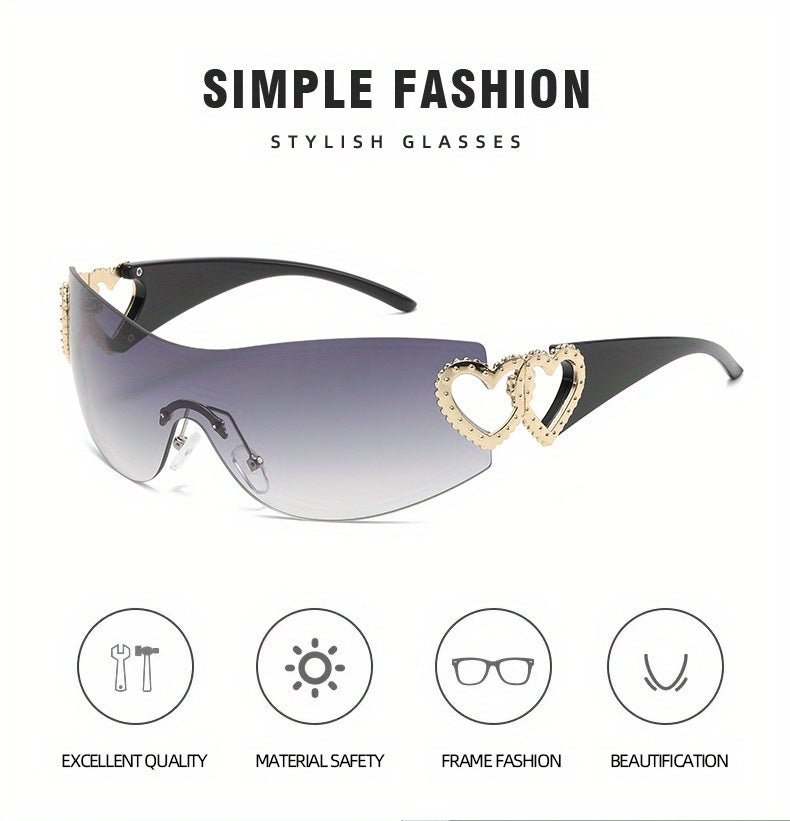 Y2K Wrap Around Fashion Sunglasses For Women Men One-piece Gradient Lens Glasses Heart Design Hollow Temple Eyewear sunglasses