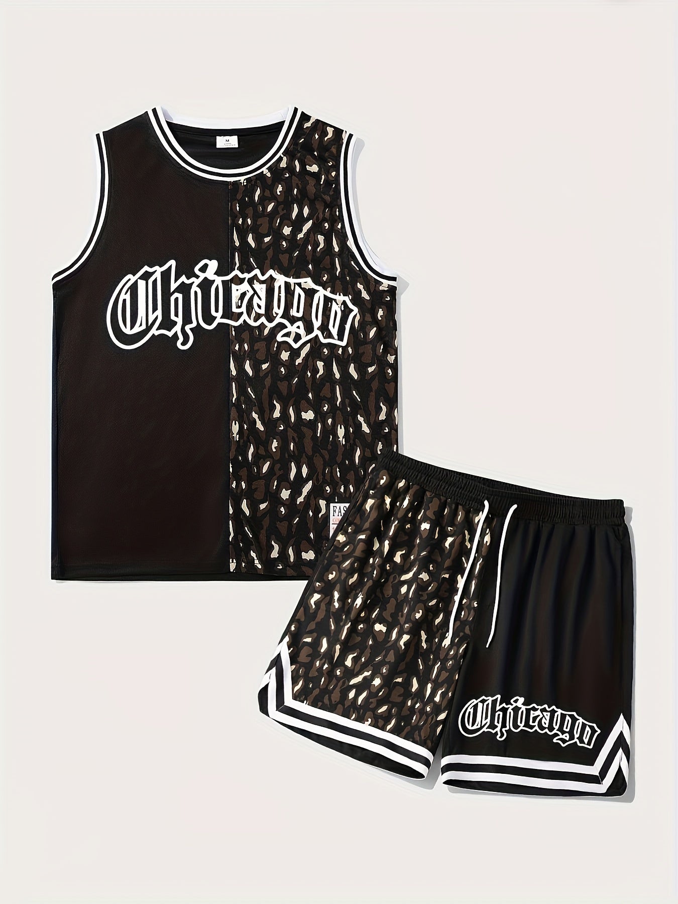 Men's 2 Piece Outfits, Chicago Letter Print, Striped Cuff Casual Graphic Tanktop And Loose Drawstring Shorts Set, Men's Clothing