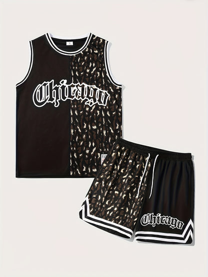 Men's 2 Piece Outfits, Chicago Letter Print, Striped Cuff Casual Graphic Tanktop And Loose Drawstring Shorts Set, Men's Clothing