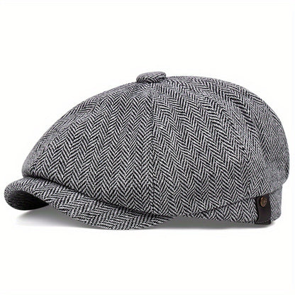 Men's Retro Octagonal Herringbone Hat, Casual Striped Beret, Gatsby Flat Hat
