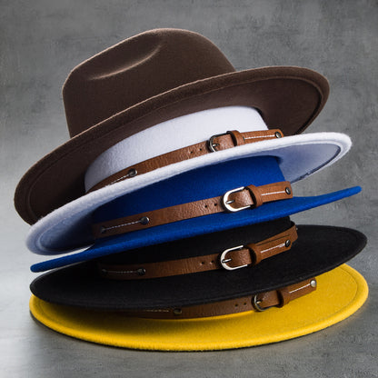 Men's Retro Felt Top Hat, Leather Buckle Accessory, Jazz Hats