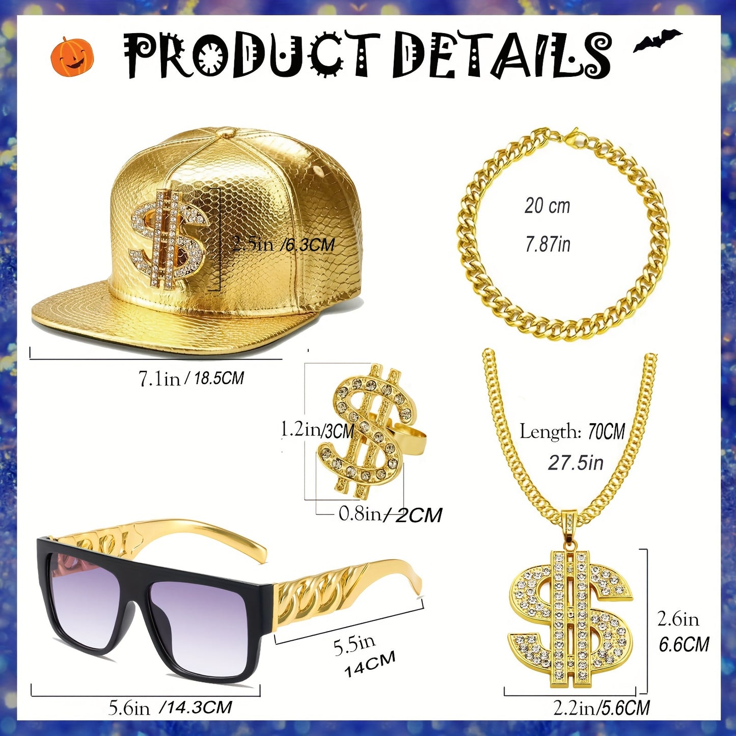 5Pcs Hip Hop Costume Kit 80s 90s Rapper Accessories Set Gold Rapper Hat Baseball Cap Punk Sunglasses Gold Dollar Sign Pendant Necklace Ring Bracelet For Men Women Carnivals, Throwback Party Outfit Halloween Jewelry Fun Access