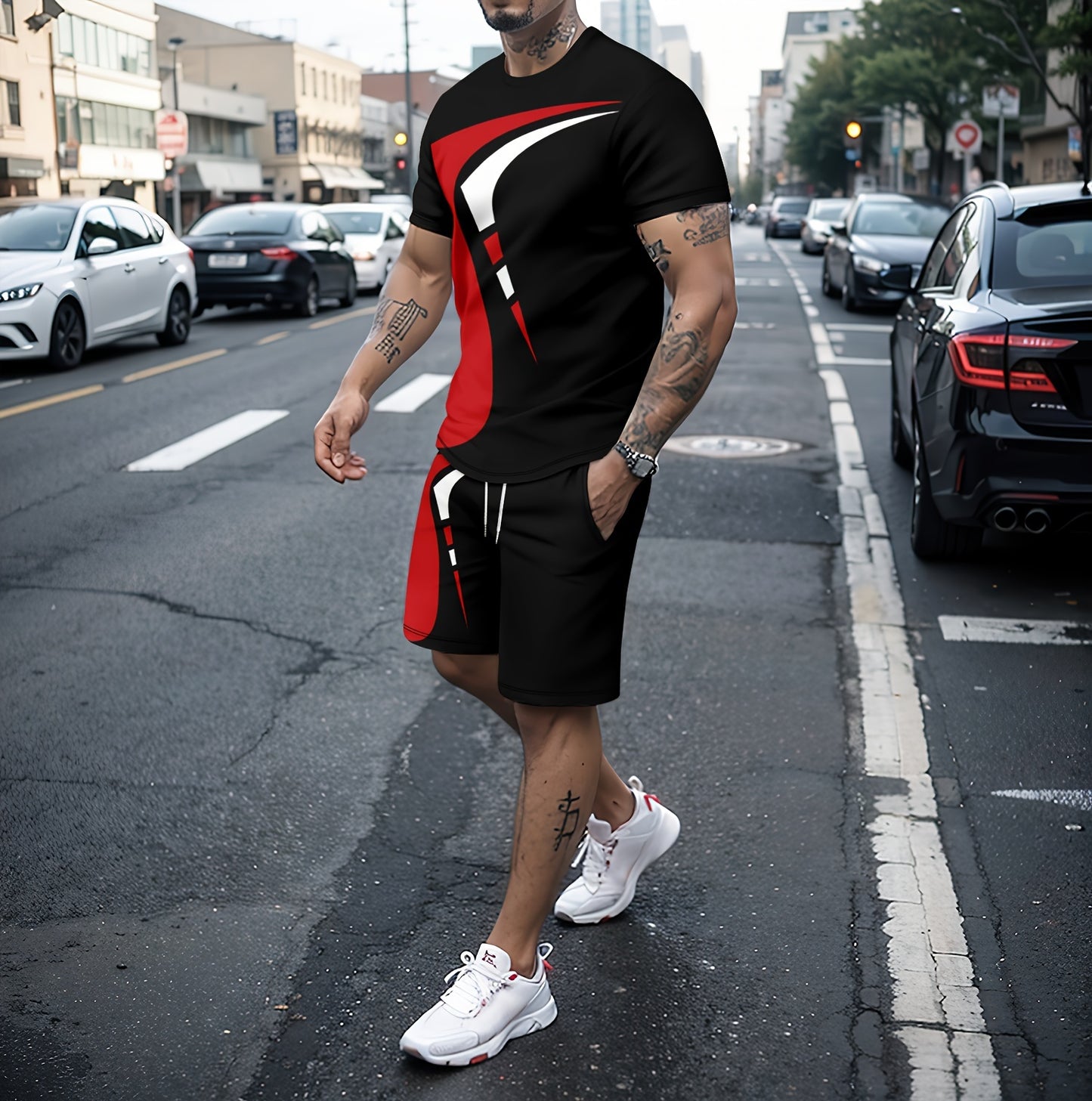 2Pcs Trendy Outfits For Men, Casual Crew Neck Short Sleeve T-shirt And Drawstring Shorts Set For Summer, Men's Clothing Vacation Workout