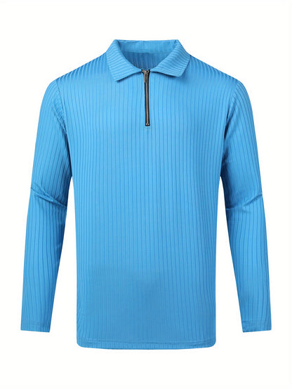 Vertical Stripe Men's Casual Long Sleeve Zipper Shirts, Lapel Collar Tops Pullovers, Men's Clothing For Spring Autumn