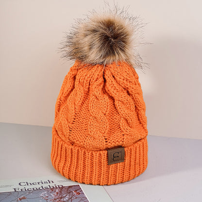 Winter Oversized Solid Color Cable Knitted Pom Pom Beanie Hat, Valentine's Gifts For Her
