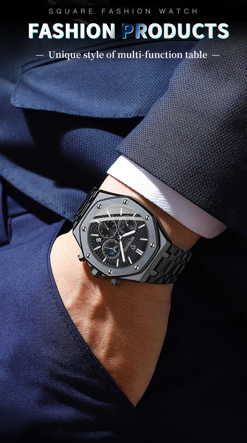 BINBOND Top Brand Man Quartz Watch Luxury Luminous Chronograph Wristwatch Stainless Steel Waterproof Men Date Calendar Clock