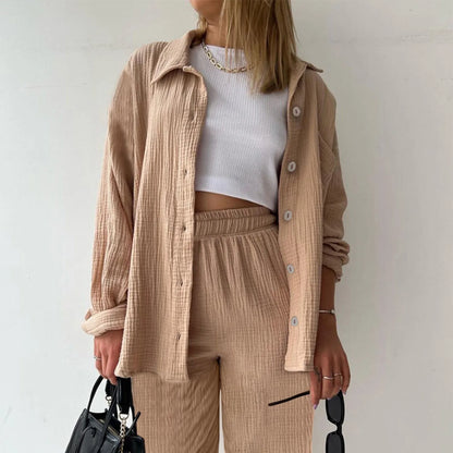 Two Piece Women Summer Outfit Muslin Blouse And Pants 2 Piece Clothing Elegant Beach Holiday Women Set Female Top Loose Suit