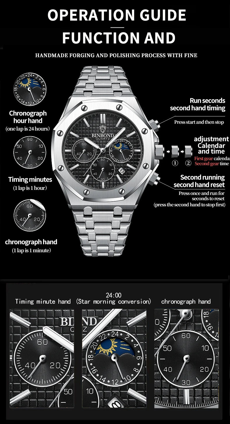 BINBOND Top Brand Man Quartz Watch Luxury Luminous Chronograph Wristwatch Stainless Steel Waterproof Men Date Calendar Clock