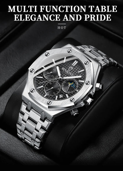 BINBOND Top Brand Man Quartz Watch Luxury Luminous Chronograph Wristwatch Stainless Steel Waterproof Men Date Calendar Clock
