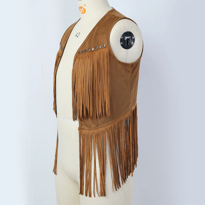Mens Faux Suede Tassel Vest Western Cowboy Sleeveless Indian Denim Vest Tassel Retro Boho Hippie Clothing Tops Rivets Fringe