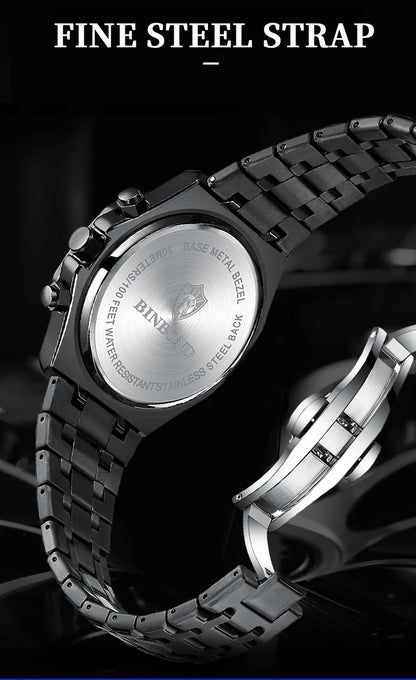 BINBOND Top Brand Man Quartz Watch Luxury Luminous Chronograph Wristwatch Stainless Steel Waterproof Men Date Calendar Clock