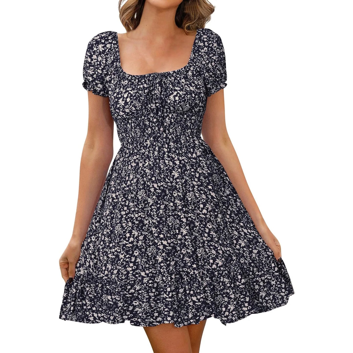 Dresses On Sale Clearance Women'S Dress Floral Print High Waist Dresses Puff Sleeves Retro Sexy Casual Tunic Woman Clothing