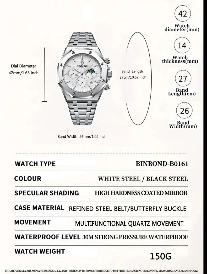 BINBOND Top Brand Man Quartz Watch Luxury Luminous Chronograph Wristwatch Stainless Steel Waterproof Men Date Calendar Clock