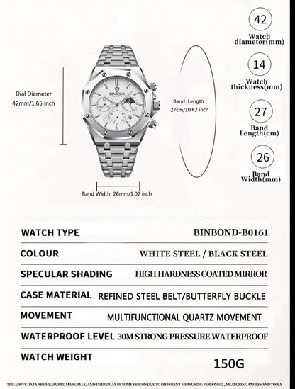 BINBOND Top Brand Man Quartz Watch Luxury Luminous Chronograph Wristwatch Stainless Steel Waterproof Men Date Calendar Clock