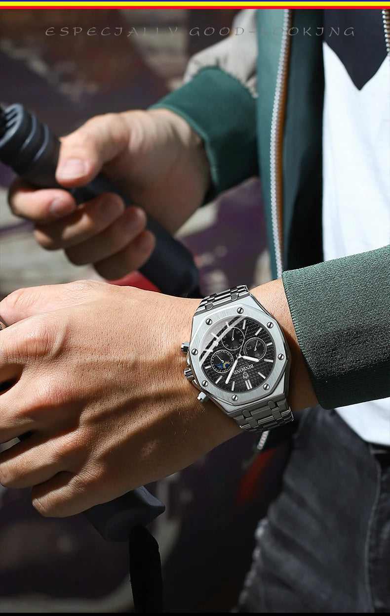 BINBOND Top Brand Man Quartz Watch Luxury Luminous Chronograph Wristwatch Stainless Steel Waterproof Men Date Calendar Clock