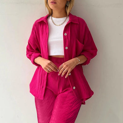 Two Piece Women Summer Outfit Muslin Blouse And Pants 2 Piece Clothing Elegant Beach Holiday Women Set Female Top Loose Suit