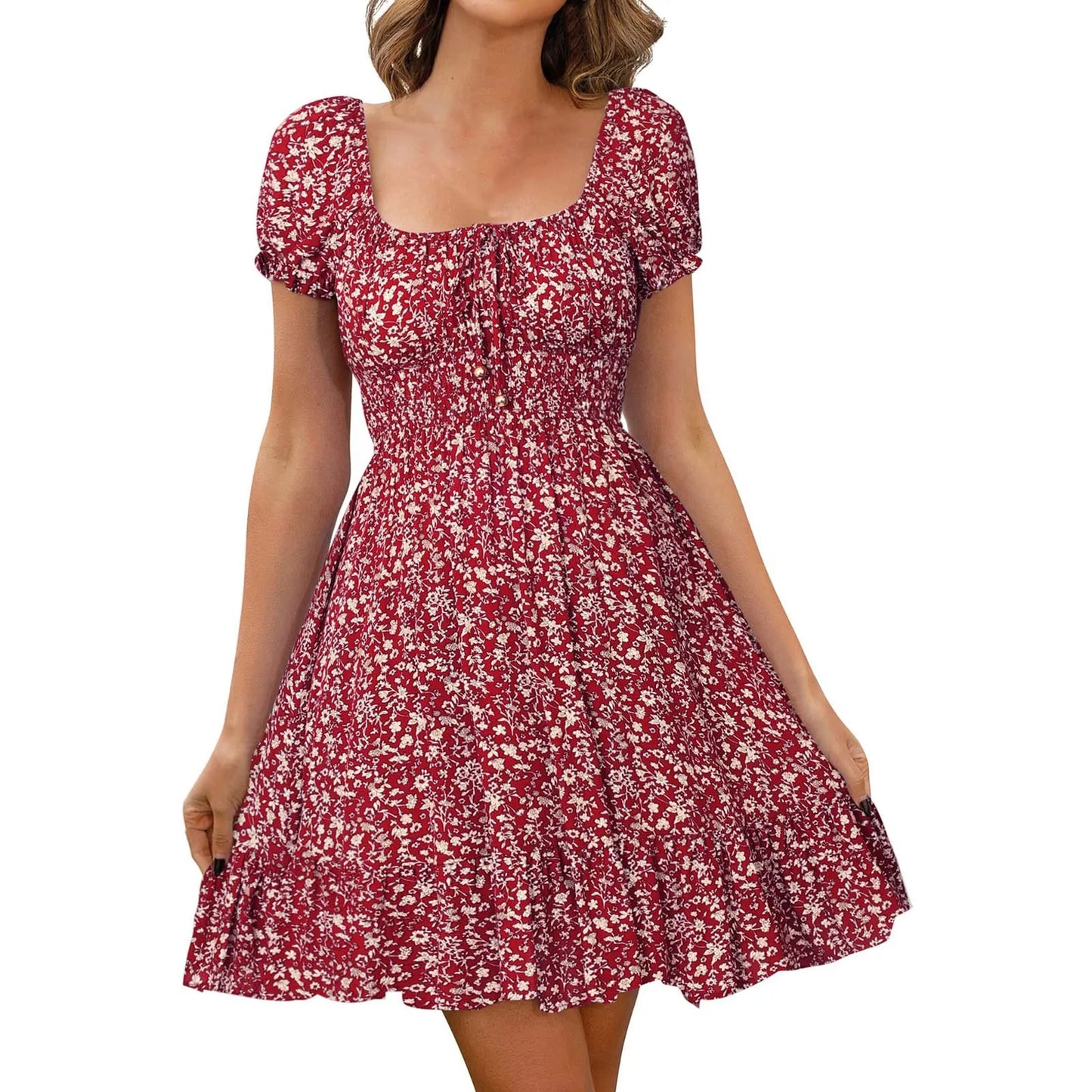 Dresses On Sale Clearance Women'S Dress Floral Print High Waist Dresses Puff Sleeves Retro Sexy Casual Tunic Woman Clothing
