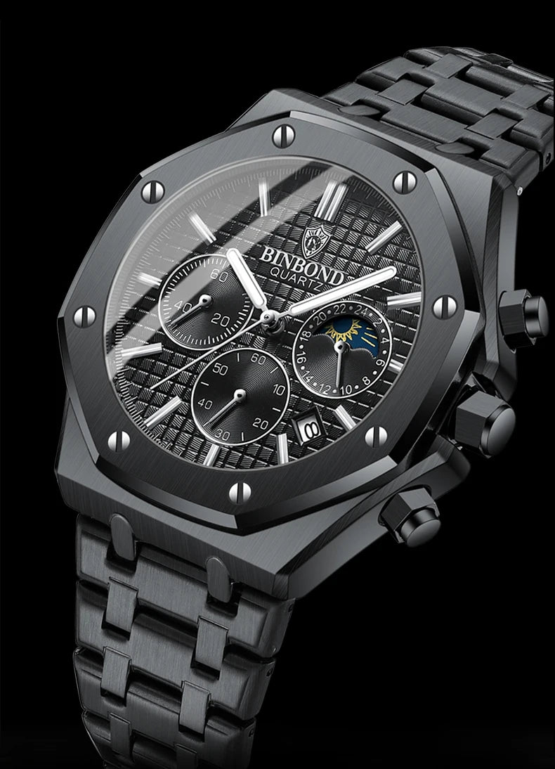 BINBOND Top Brand Man Quartz Watch Luxury Luminous Chronograph Wristwatch Stainless Steel Waterproof Men Date Calendar Clock