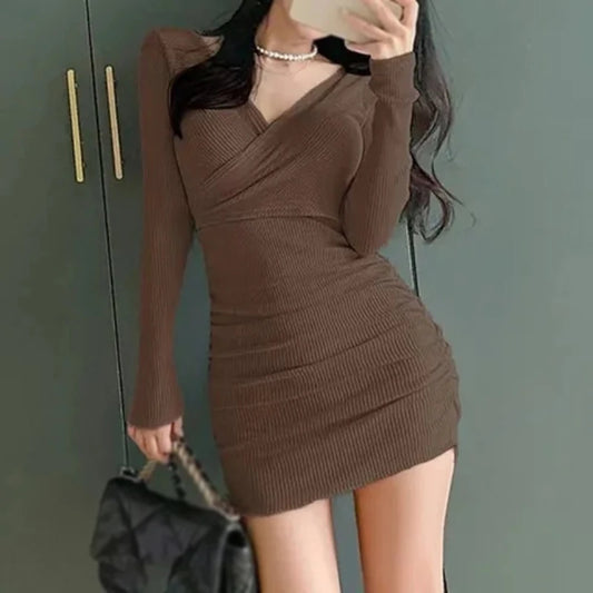 Long Sleeved Sexy Dress Women Clothing Autumn Winter Tight Fitting Skirt Appear Thin Wrap Buttocks Dresses