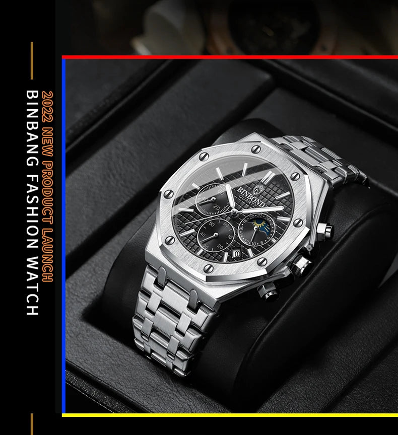 BINBOND Top Brand Man Quartz Watch Luxury Luminous Chronograph Wristwatch Stainless Steel Waterproof Men Date Calendar Clock