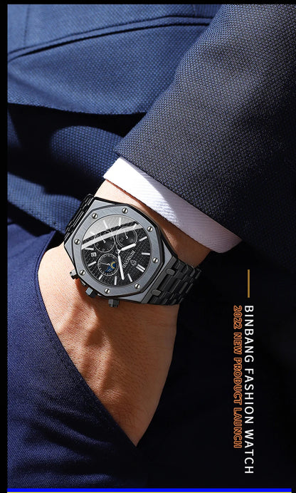 BINBOND Top Brand Man Quartz Watch Luxury Luminous Chronograph Wristwatch Stainless Steel Waterproof Men Date Calendar Clock