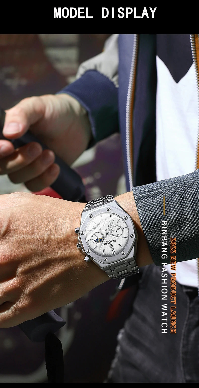 BINBOND Top Brand Man Quartz Watch Luxury Luminous Chronograph Wristwatch Stainless Steel Waterproof Men Date Calendar Clock