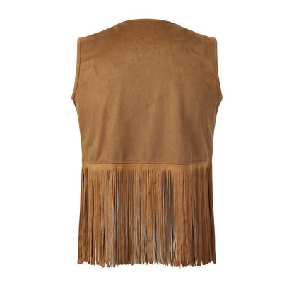 Mens Faux Suede Tassel Vest Western Cowboy Sleeveless Indian Denim Vest Tassel Retro Boho Hippie Clothing Tops Rivets Fringe