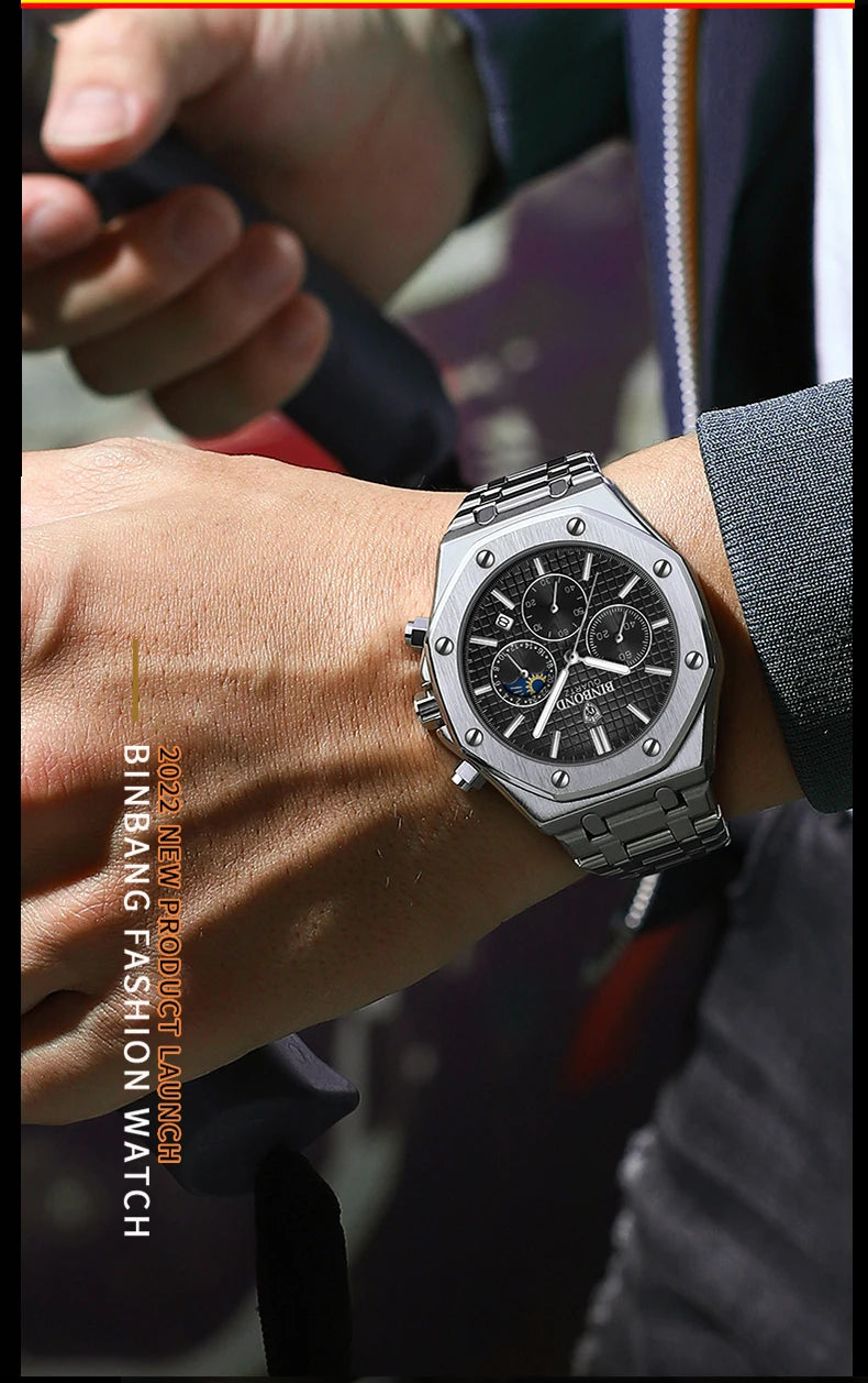 BINBOND Top Brand Man Quartz Watch Luxury Luminous Chronograph Wristwatch Stainless Steel Waterproof Men Date Calendar Clock