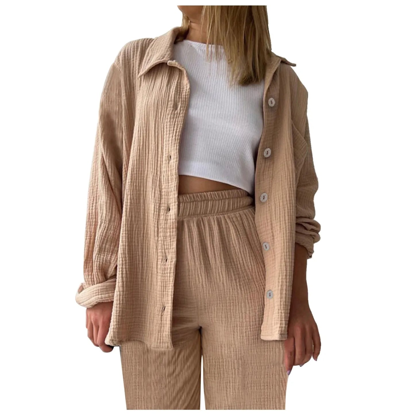 Two Piece Women Summer Outfit Muslin Blouse And Pants 2 Piece Clothing Elegant Beach Holiday Women Set Female Top Loose Suit
