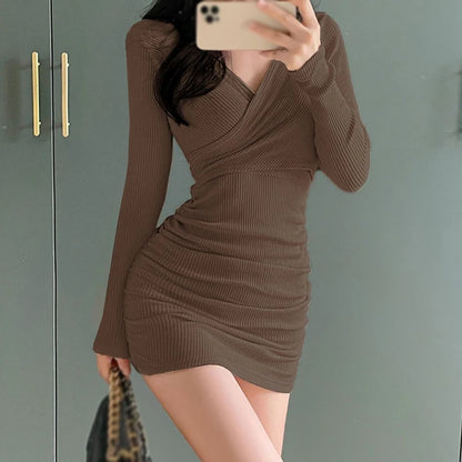Long Sleeved Sexy Dress Women Clothing Autumn Winter Tight Fitting Skirt Appear Thin Wrap Buttocks Dresses