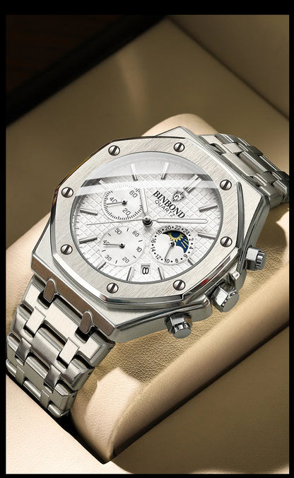 BINBOND Top Brand Man Quartz Watch Luxury Luminous Chronograph Wristwatch Stainless Steel Waterproof Men Date Calendar Clock