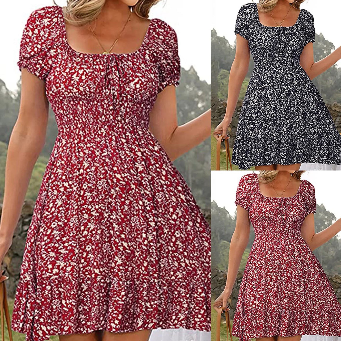 Dresses On Sale Clearance Women'S Dress Floral Print High Waist Dresses Puff Sleeves Retro Sexy Casual Tunic Woman Clothing