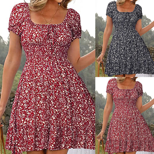 Dresses On Sale Clearance Women'S Dress Floral Print High Waist Dresses Puff Sleeves Retro Sexy Casual Tunic Woman Clothing