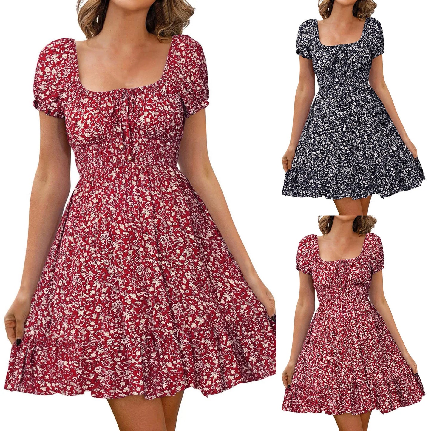 Dresses On Sale Clearance Women'S Dress Floral Print High Waist Dresses Puff Sleeves Retro Sexy Casual Tunic Woman Clothing