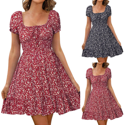 Dresses On Sale Clearance Women'S Dress Floral Print High Waist Dresses Puff Sleeves Retro Sexy Casual Tunic Woman Clothing