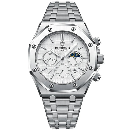 BINBOND Top Brand Man Quartz Watch Luxury Luminous Chronograph Wristwatch Stainless Steel Waterproof Men Date Calendar Clock
