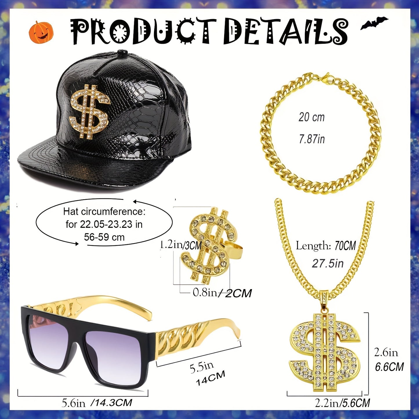 5Pcs Hip Hop Costume Kit 80s 90s Rapper Accessories Set Gold Rapper Hat Baseball Cap Punk Sunglasses Gold Dollar Sign Pendant Necklace Ring Bracelet For Men Women Carnivals, Throwback Party Outfit Halloween Jewelry Fun Access