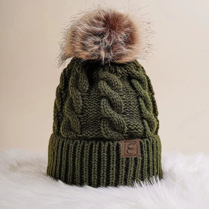 Winter Oversized Solid Color Cable Knitted Pom Pom Beanie Hat, Valentine's Gifts For Her