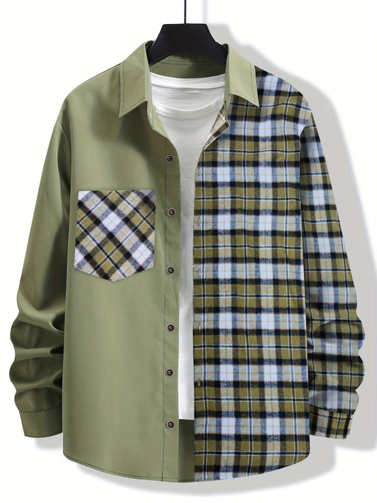 Vibrant Plaid Pattern Collage Chest Pocket Long Sleeve Button Up Shirt - Stylish Casual Wear for Spring, Summer, and Fall Outdoor Activities - Soft, Breathable, and Comfortable Men's Clothing for Everyday Wear