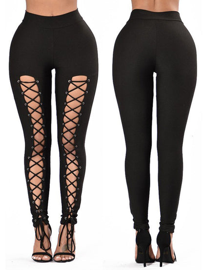 Sexy Loose Cross Lace Up Pants, Solid Double Breasted Cross Strap Tie Fashion Pants, Women's Clothing