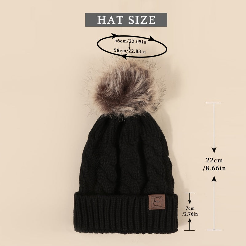 Winter Oversized Solid Color Cable Knitted Pom Pom Beanie Hat, Valentine's Gifts For Her