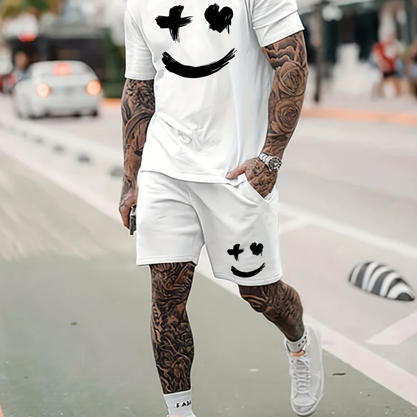 Big Smile Pattern 2Pcs Trendy Outfits For Men, Casual Crew Neck Short Sleeve T-shirt And Drawstring Shorts Set For Summer, Men's Clothing for Vacation Workout