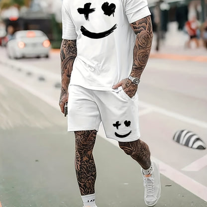 Big Smile Pattern 2Pcs Trendy Outfits For Men, Casual Crew Neck Short Sleeve T-shirt And Drawstring Shorts Set For Summer, Men's Clothing for Vacation Workout