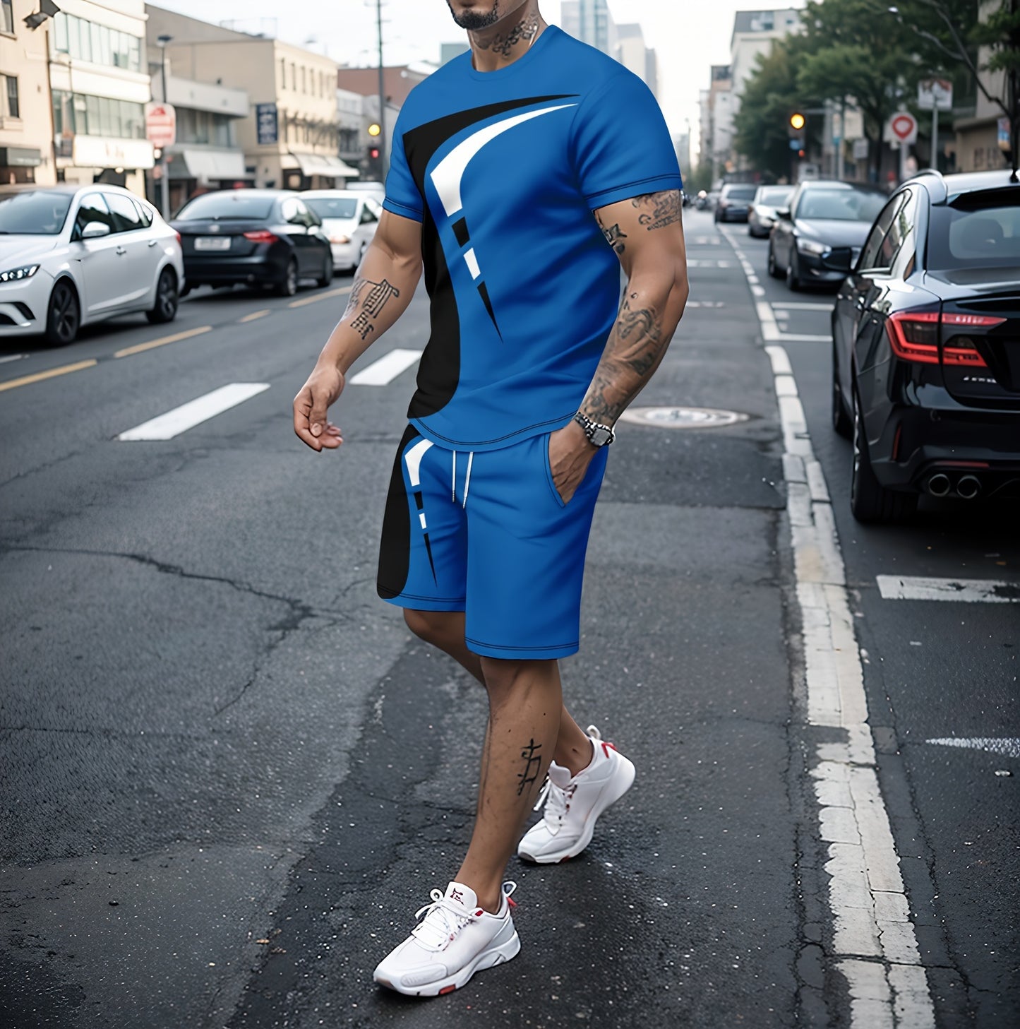 2Pcs Trendy Outfits For Men, Casual Crew Neck Short Sleeve T-shirt And Drawstring Shorts Set For Summer, Men's Clothing Vacation Workout