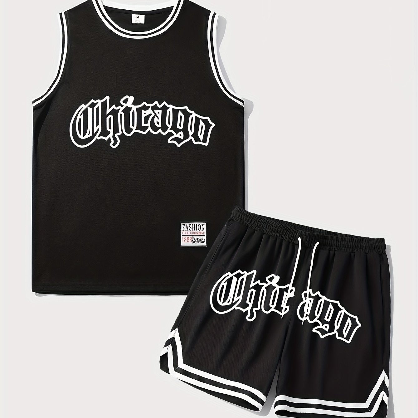 Men's 2 Piece Outfits, Chicago Letter Print, Striped Cuff Casual Graphic Tanktop And Loose Drawstring Shorts Set, Men's Clothing