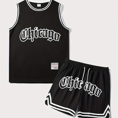 Men's 2 Piece Outfits, Chicago Letter Print, Striped Cuff Casual Graphic Tanktop And Loose Drawstring Shorts Set, Men's Clothing