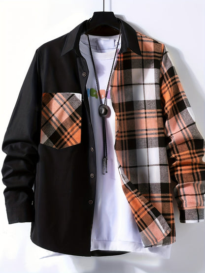 Vibrant Plaid Pattern Collage Chest Pocket Long Sleeve Button Up Shirt - Stylish Casual Wear for Spring, Summer, and Fall Outdoor Activities - Soft, Breathable, and Comfortable Men's Clothing for Everyday Wear