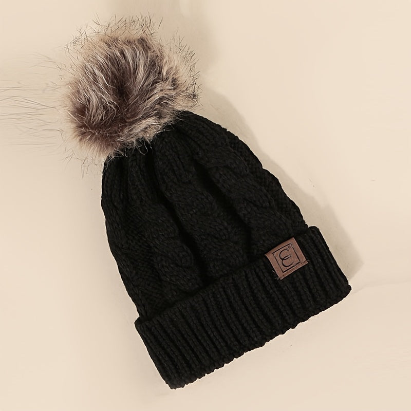 Winter Oversized Solid Color Cable Knitted Pom Pom Beanie Hat, Valentine's Gifts For Her