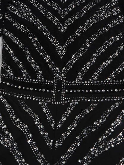 Sexy High Neck Long Sleeve Rhinestone Mesh Jumpsuit - Stretchy Semi-Sheer Clubwear for Women - Perfect for Birthday Party, Nightclub, Spring and Fall Season