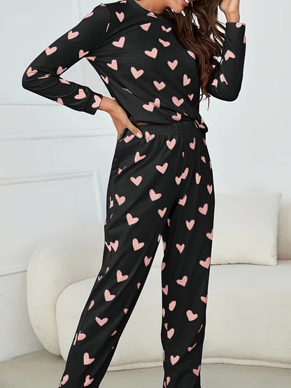 Long Sleeve Heart Print Pajama Set, Crew Neck Top & Elastic Waistband Pants for Women's Sleepwear & Loungewear